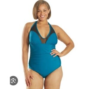 Speedo Teal Blue One Piece Swimsuit Halter Ruched Plus Size Women's Size 20